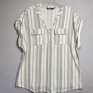 CURE. Blouse Womens 3XL‎ White Stripe V Neck Zip Short Sleeve Tunic Top